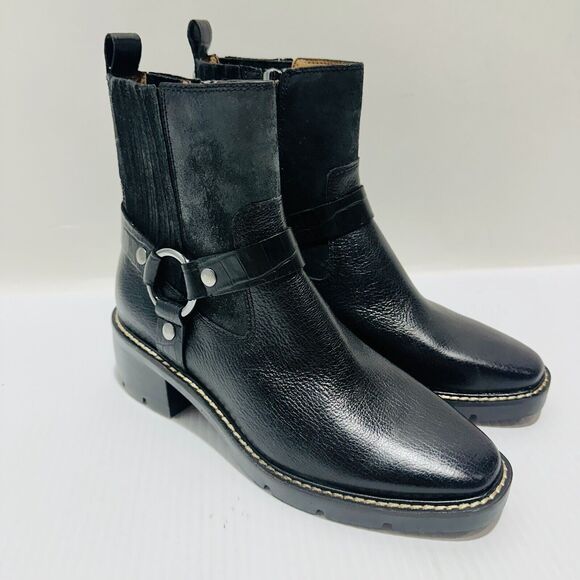 Donald Pliner Mai Harness 6.5 M Bootie Black Leather Ankle Zip Block Heel NIB - Picture 6 of 16